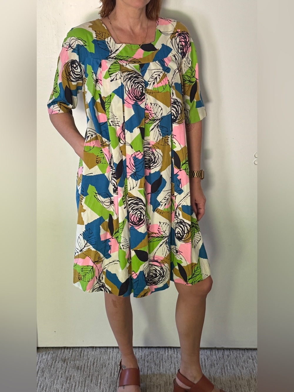 Vintage 60s - 70s Geo Floral Print Swing Dress w/ Pleats ~6